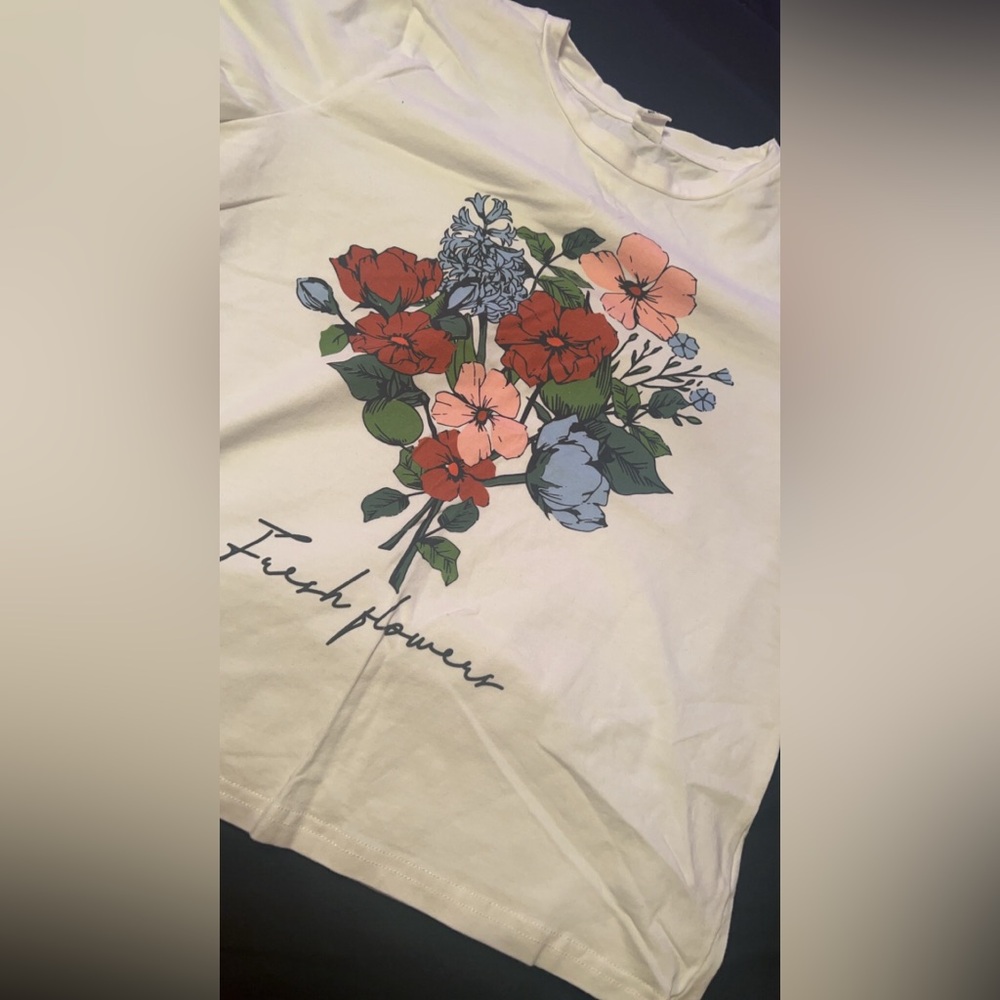 White Graphic Tee with Flowers for Girls 10-11